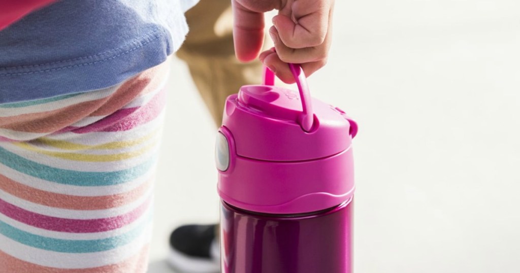 hand carrying pink thermos funtainer