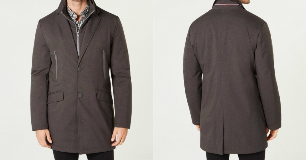 man modeling front and back of peacoat