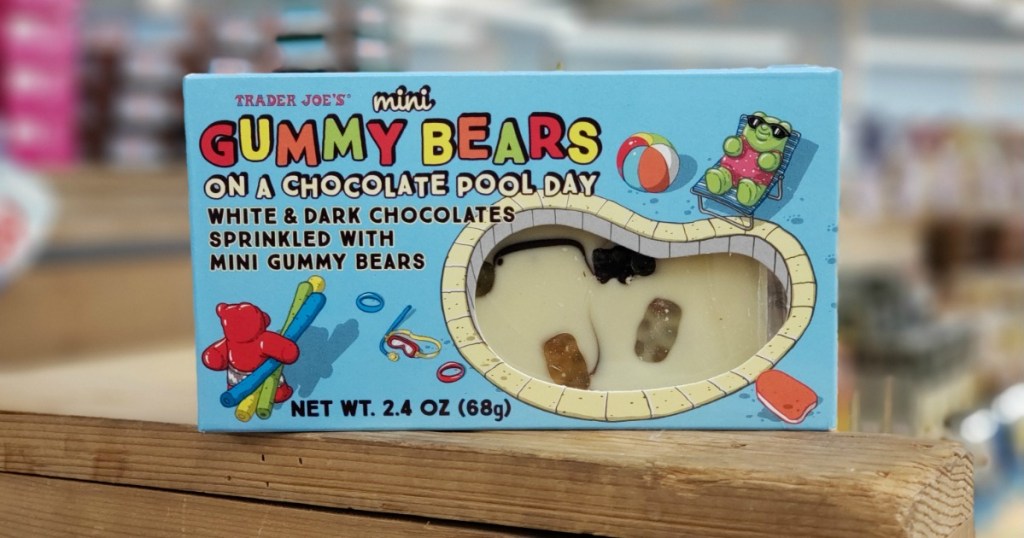 Box of Trader Joe's Mini Gummy Bears on a Chocolate Pool Day on wood shelf