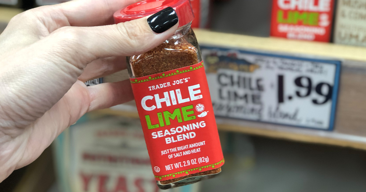 Hand holding Trader Joe's Chili Lime Seasoning