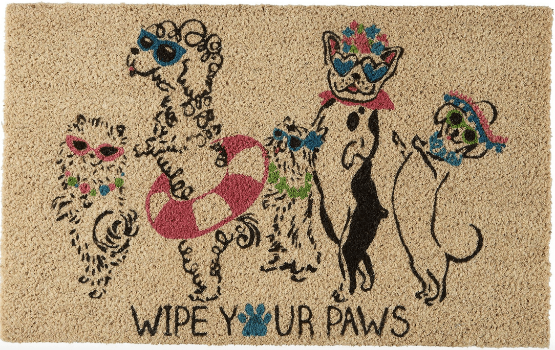 Wipe Your Paws door mat with partying dogs