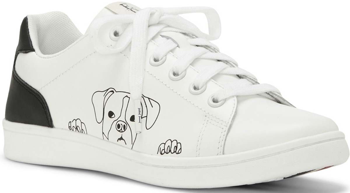 black and white shoes with dog outline