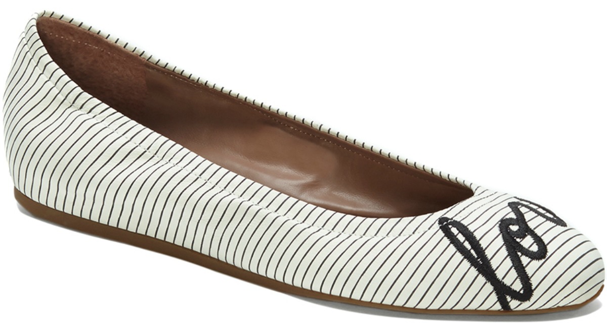 black and white striped flats with love on front