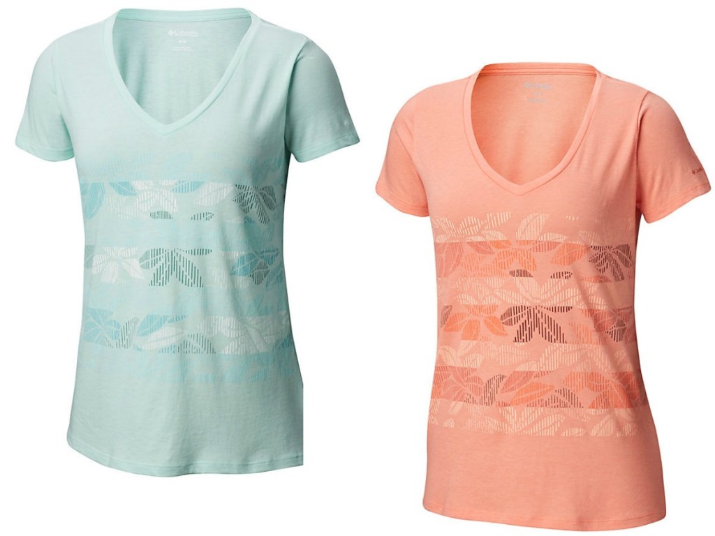 two women's shirts with v necks in blue and orange