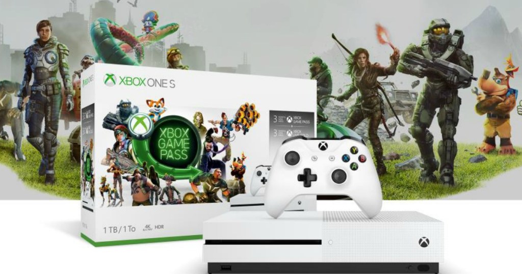 xbox one s starter pack box, console, controller and video game action shot in background