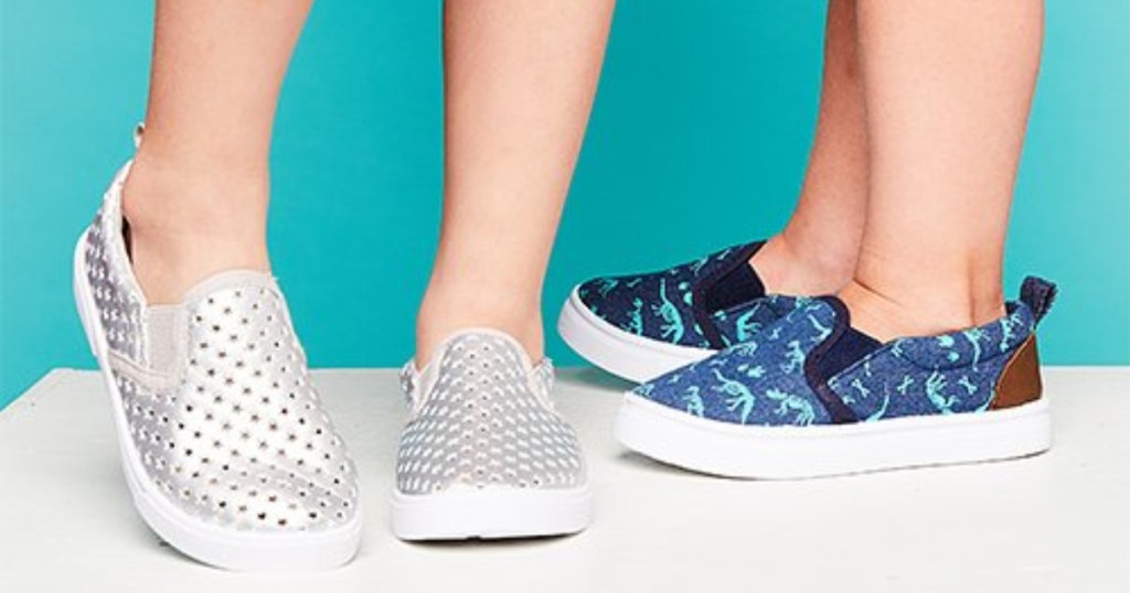 kids wearing slip-on shoes in silver and blue