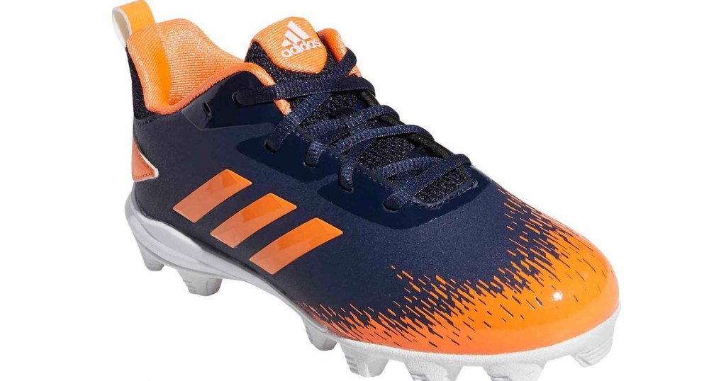 blue and orange cleats with orange stripes