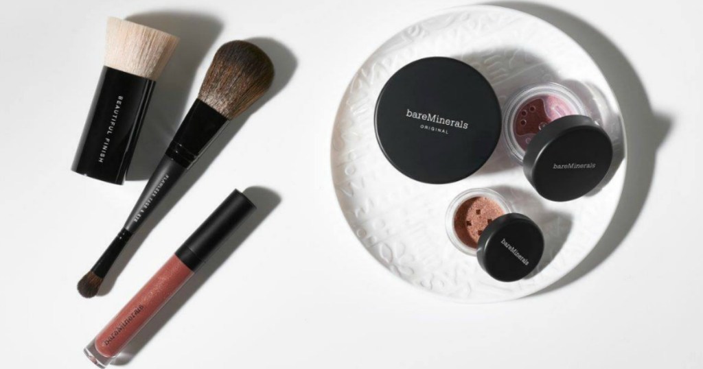 bareMinerals cosmetics on a white background and with a white plate