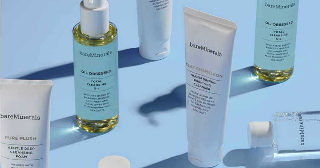 bareMinerals skin cleansing products sitting on a light blue background