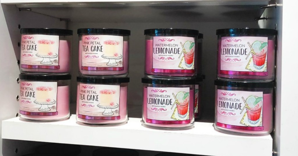 shelf of bath and body works 3 wick candles