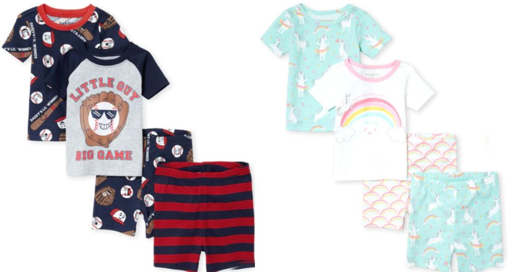 the children's place 4 piece pajama set in baseball theme and unicorns and rainbows