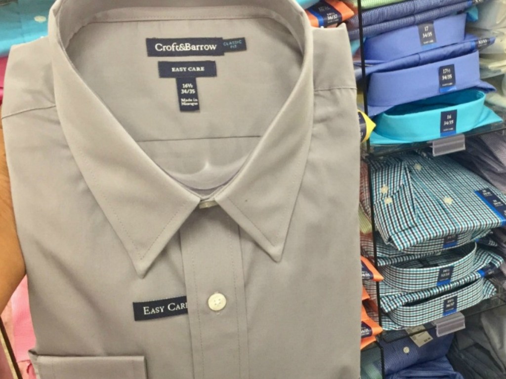 men's croft & barrow dress shirt in taupe with other colors on shelves