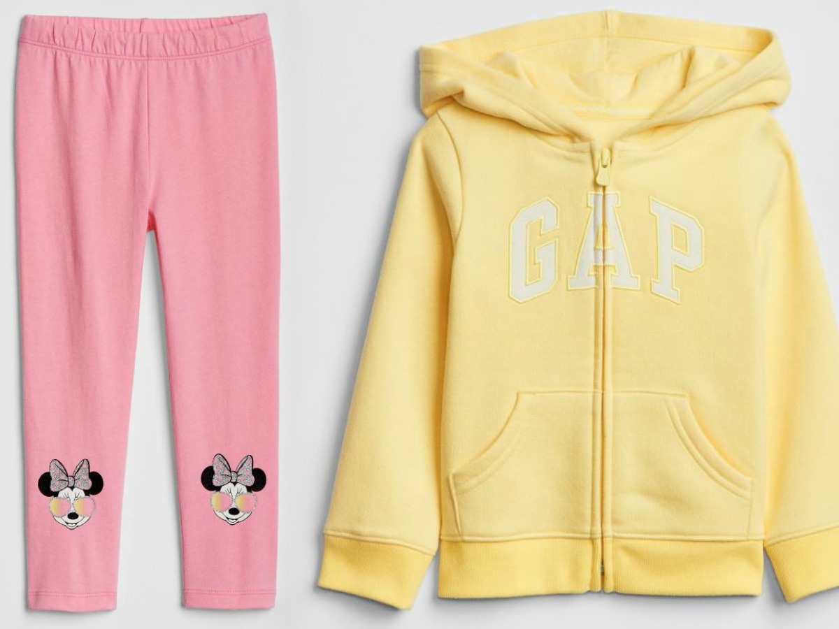 pink leggings with minnie mouse heads and yellow gap hooded sweatshirt