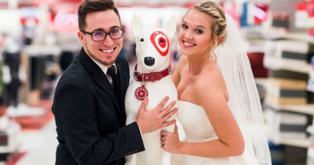 couple taking wedding photos inside Target with bullseye dog 