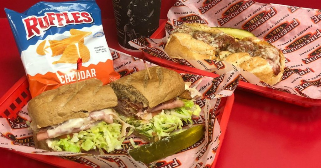 chips and 2 sandwiches on deli counter at Firehouse Subs