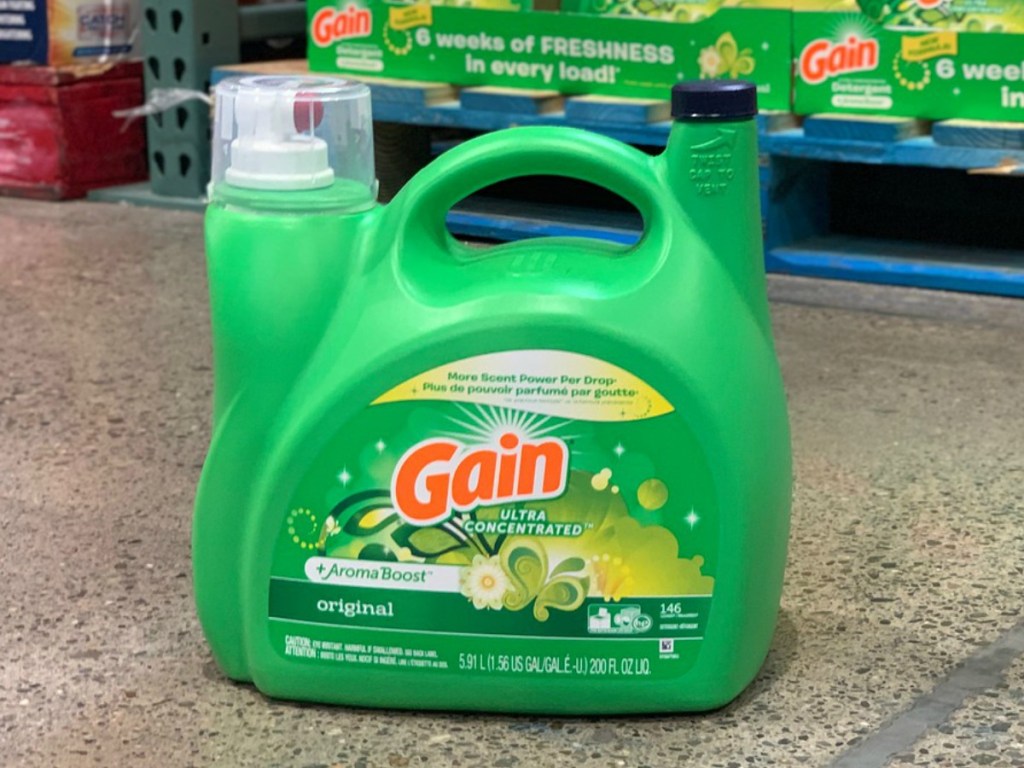 large bottle of laundry detergent by store display