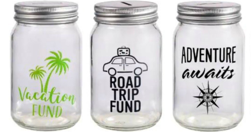 three glass jars made into banks