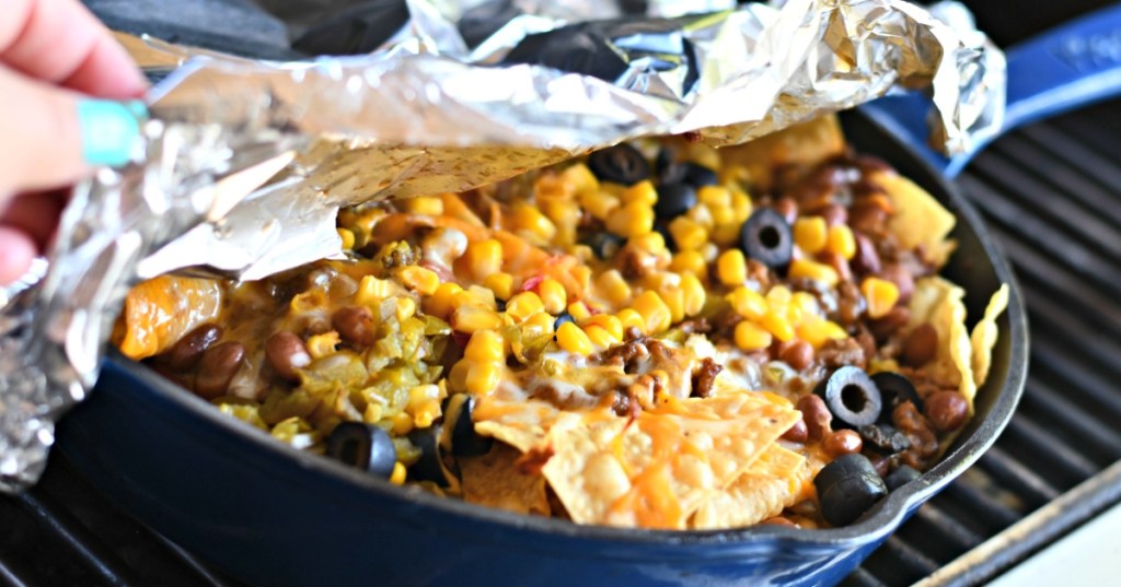 grilled nachos in skilled under foil