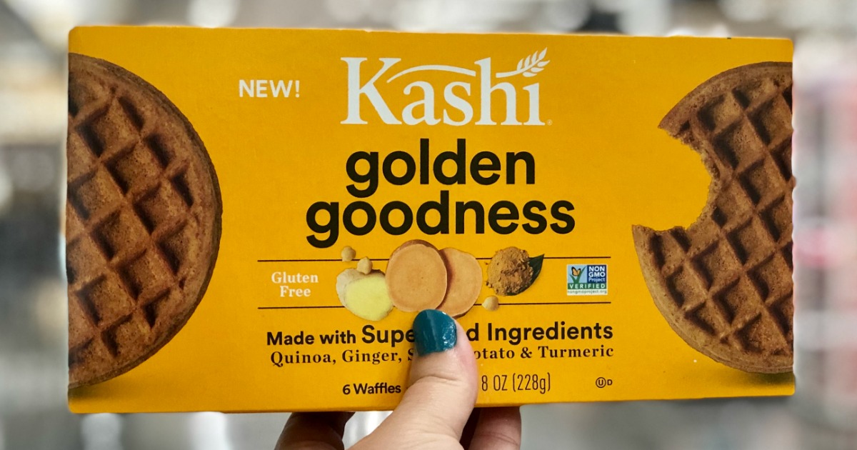 yellow box of frozen Kashi brand golden goodness waffles