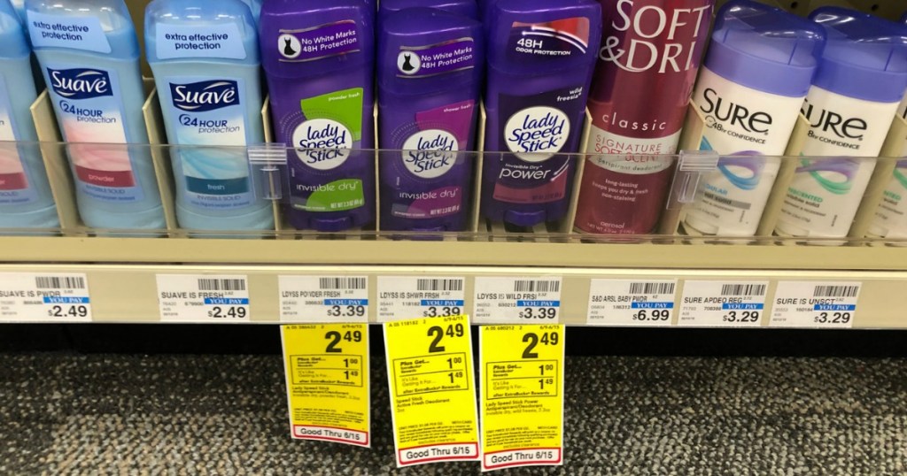 suave, lady speedstick, soft and dri, sure deodorants on store shelf