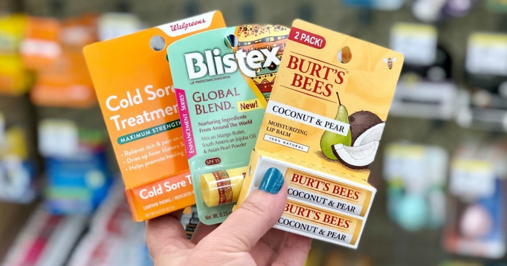 walgreens cold sore medicated gel, blistex global blend lip balm and burt's bees coconut and pear lip balm at walgreens