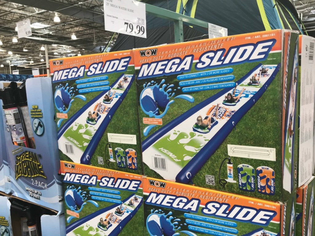 display in store with water slides in boxes