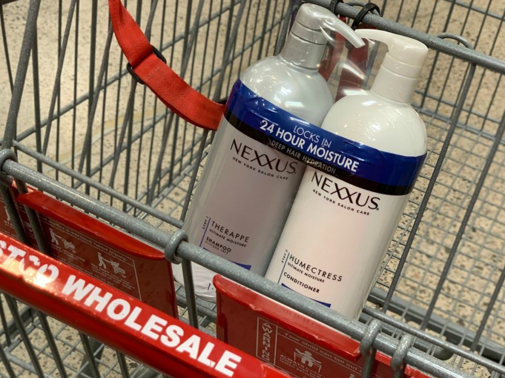 bottle of shampoo and conditioner in a grocery cart