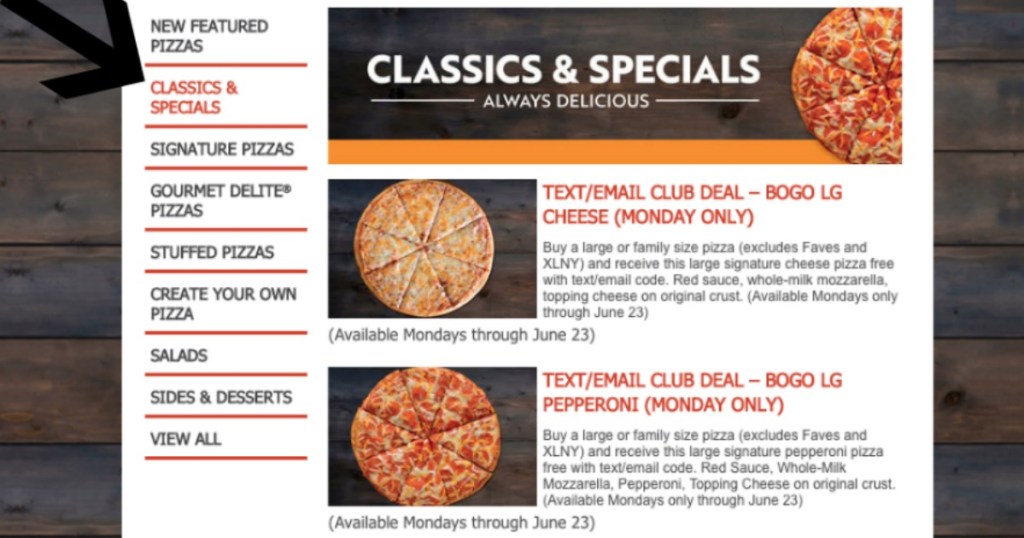 papa johns classics and specials web page with arrow pointing to classics and specials on the side