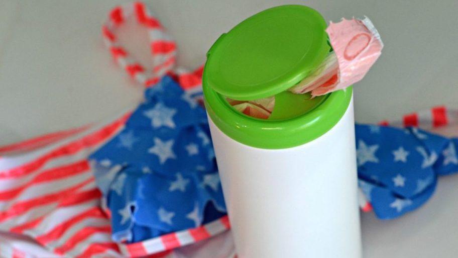 best beach hacks wipes container with trashbags inside and flag bathing suit in background