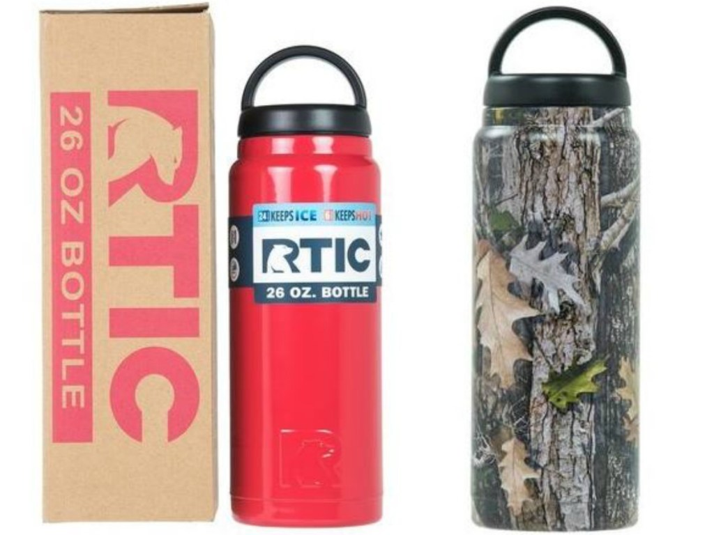 red water bottle next to box and camoflauge water bottle