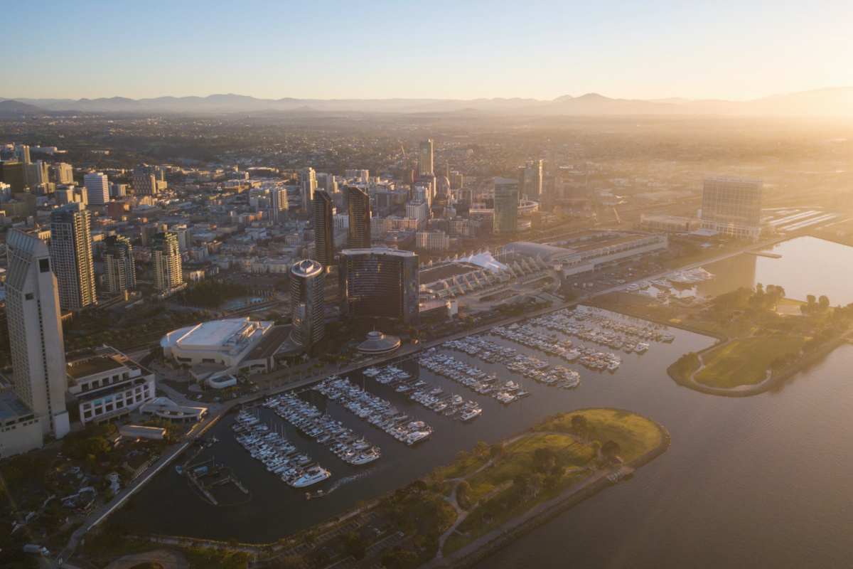 aerial view of San Diego skyline at sunset, one of the best cheap travel destinations