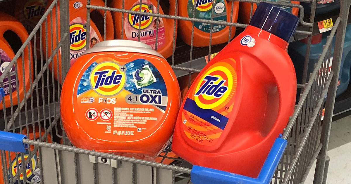 Tide PODS and Liquid detergent in Walmart shopping cart 