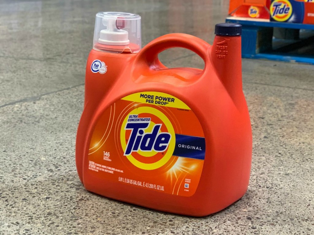 large bottle of liquid laundry detergent on store floor