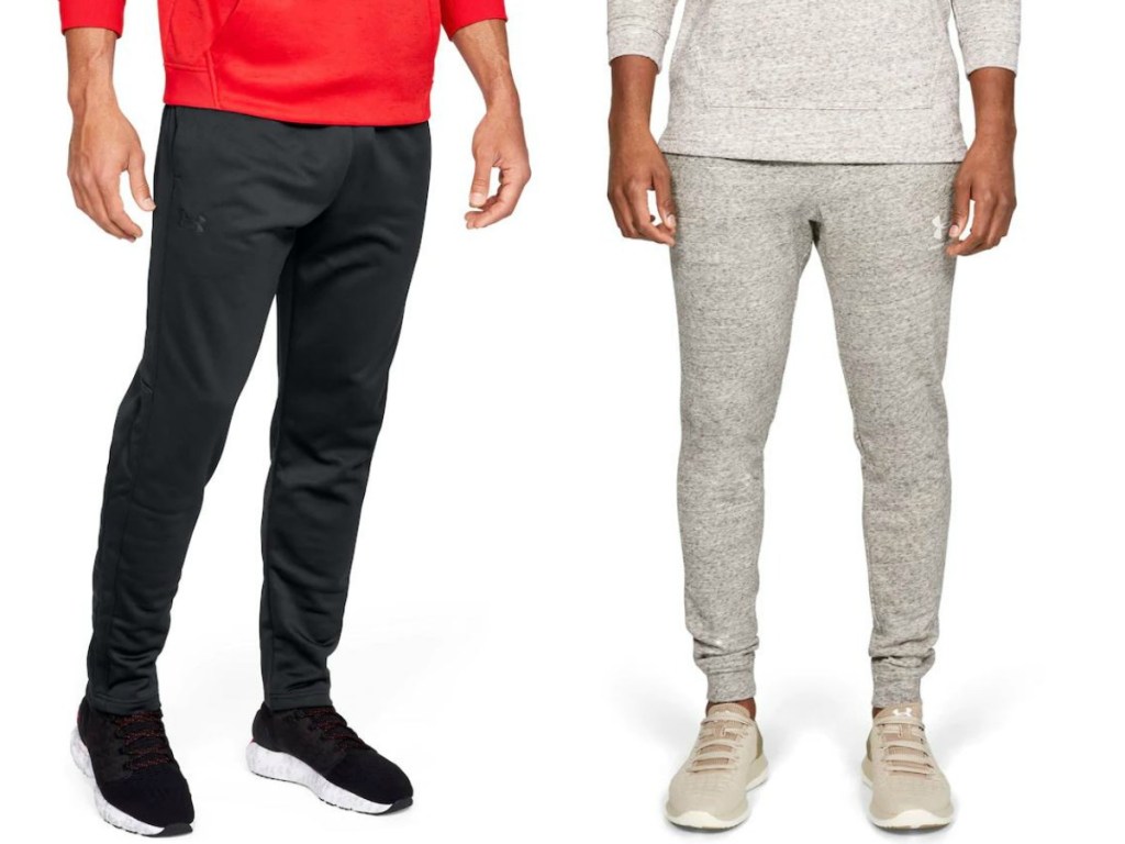 men's legs wearing fleece pants made by Under Armour