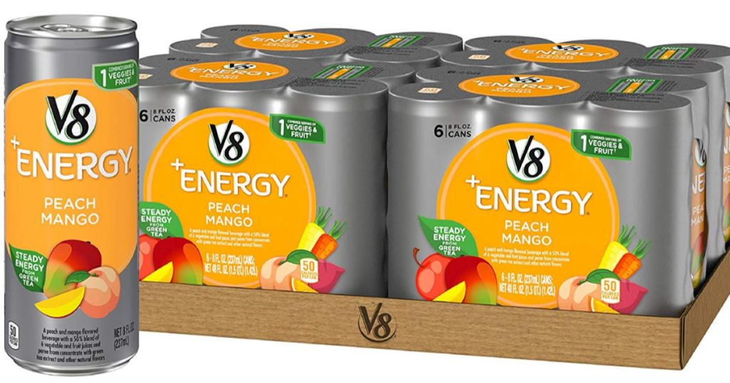 one can and cases in the background of v8 energy peach mango