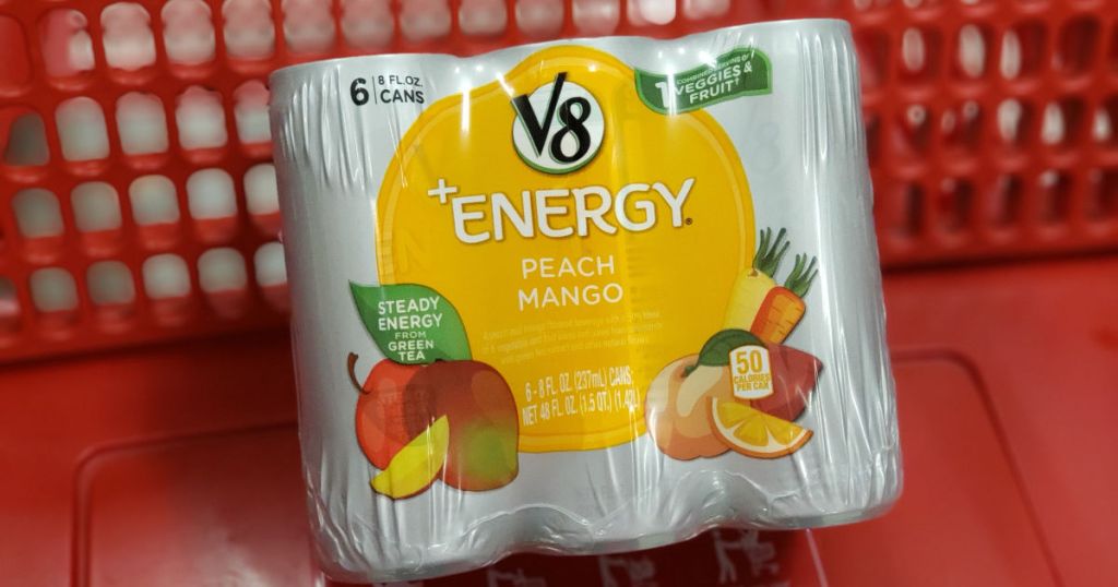 case of v8 energy peach mango in red target cart