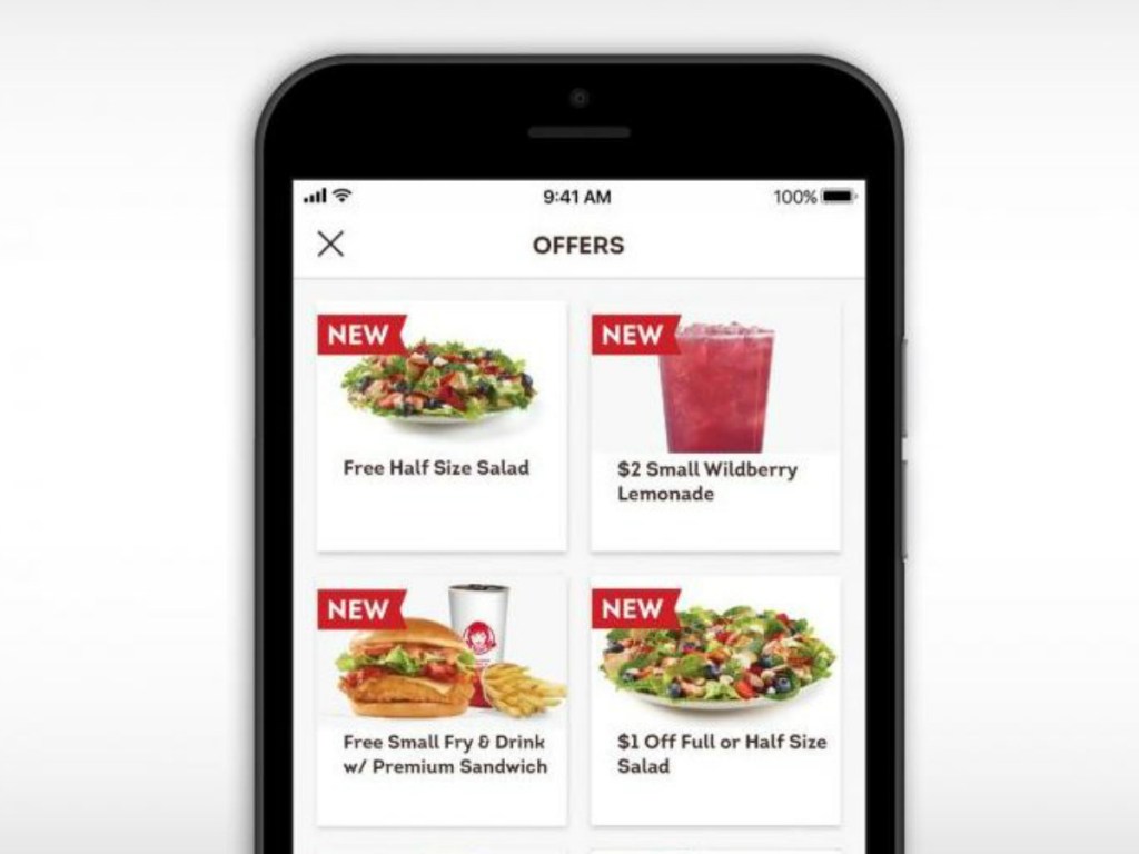 a phone with offers to eating specials at wendy's