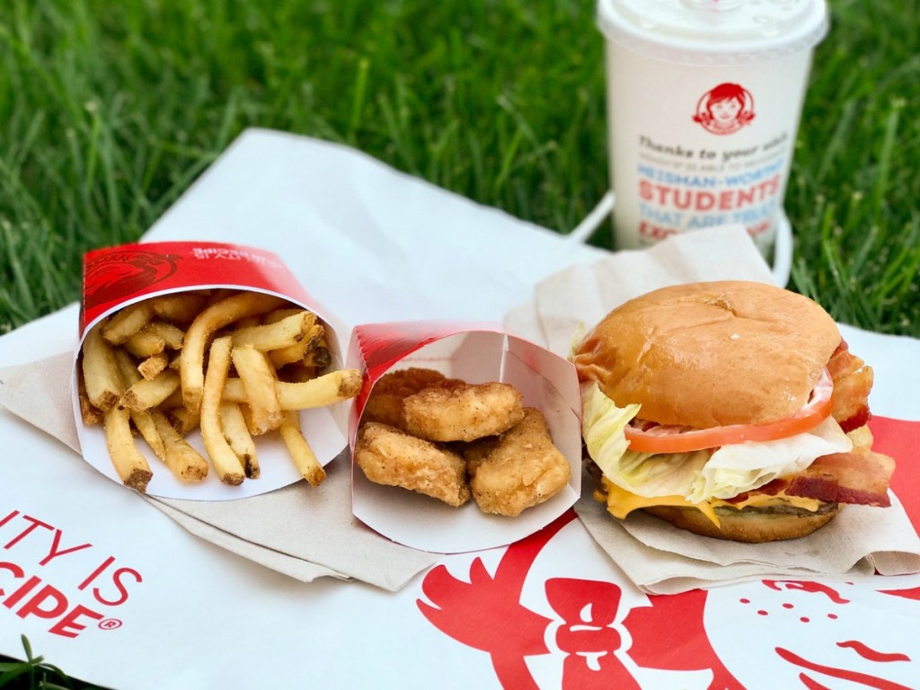 fries, drink, chicken nuggets and burger