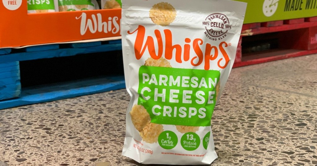 bag of parmesan snacks in front of store display