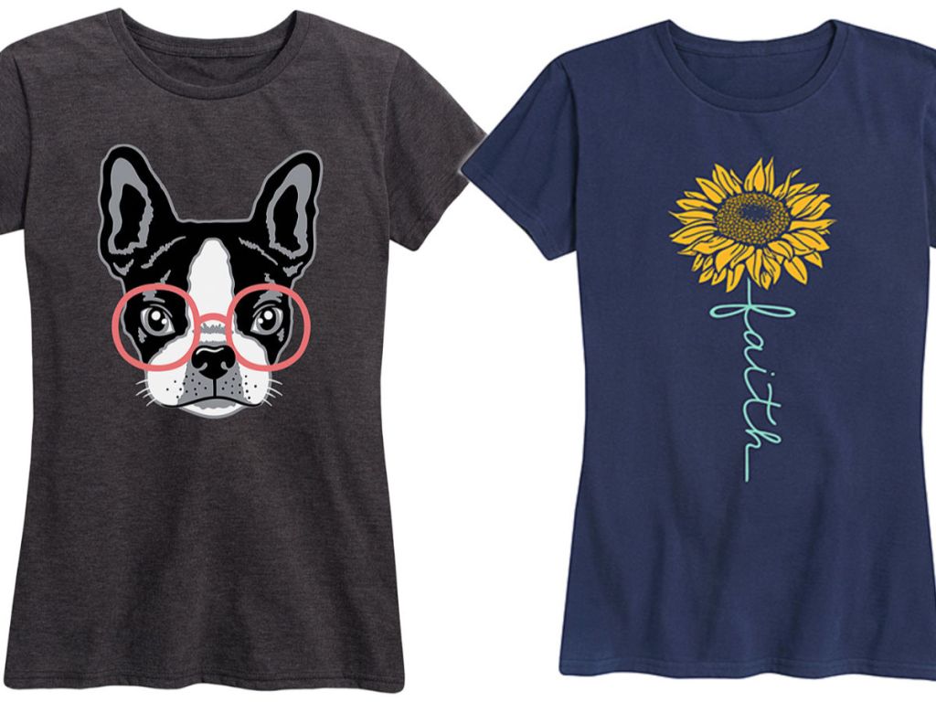 Womens Navy 'Faith' Sunflower Relaxed-Fit Tee and Heather Charcoal French Bulldog With Glasses