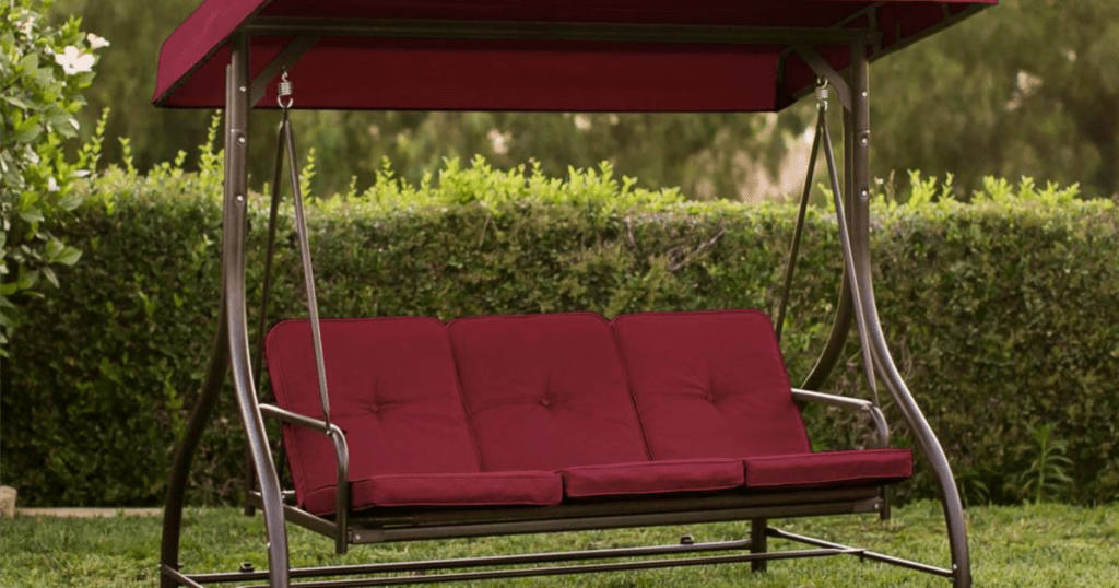 3-Seat Outdoor Canopy Swing with Convertible Flatbed Backrest in yard