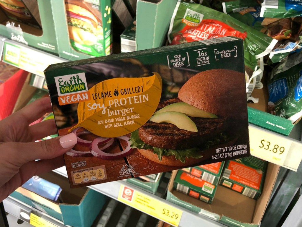 Earth Grown Vegan Soy Protein Burger 4-Pack held in front of refrigerated cooler door