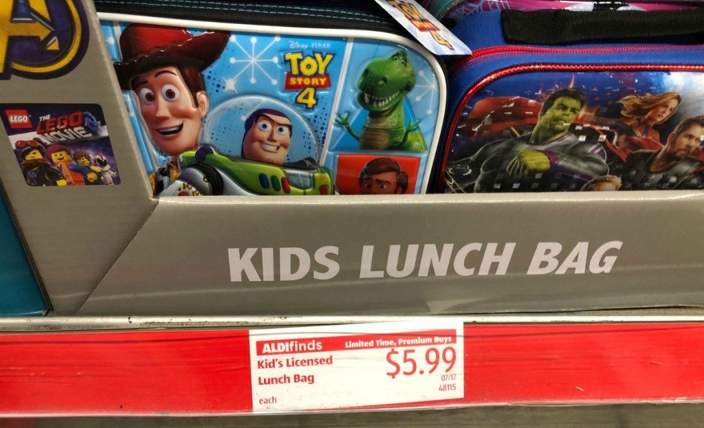 Store display of kids lunch bags in Toy Story 4 and Marvel Avengers