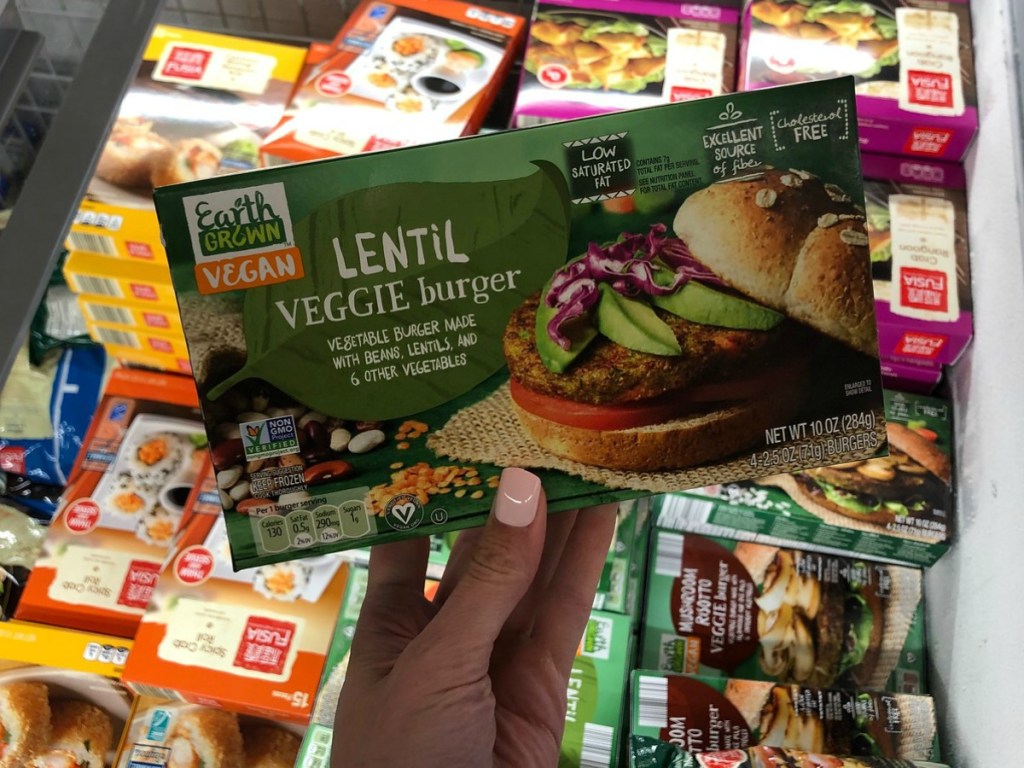 ALDI Lentil Burgers displayed in case