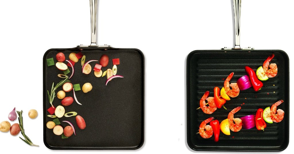 All-Clad Hard Anodized 11" Square Griddle with food on it