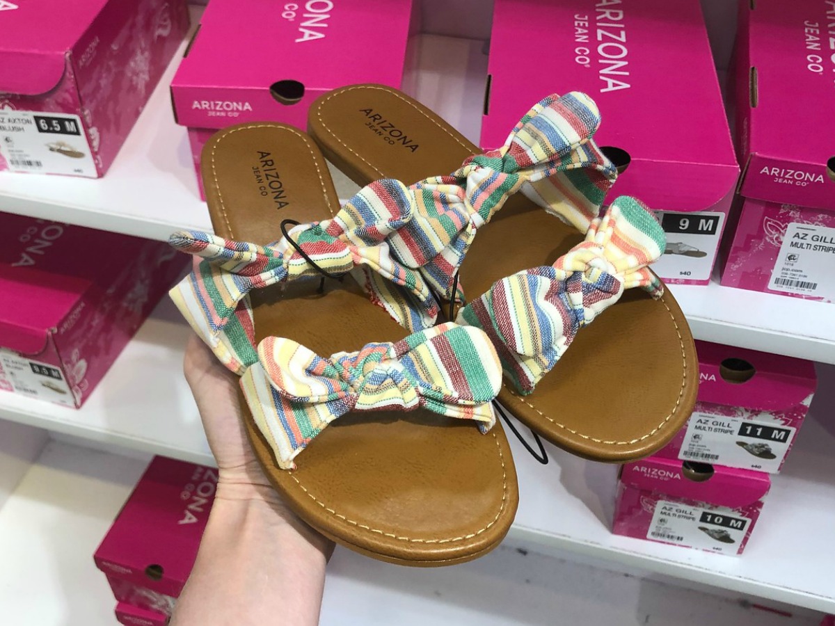 Arizona Gill Sandals held up in front of shoe boxes