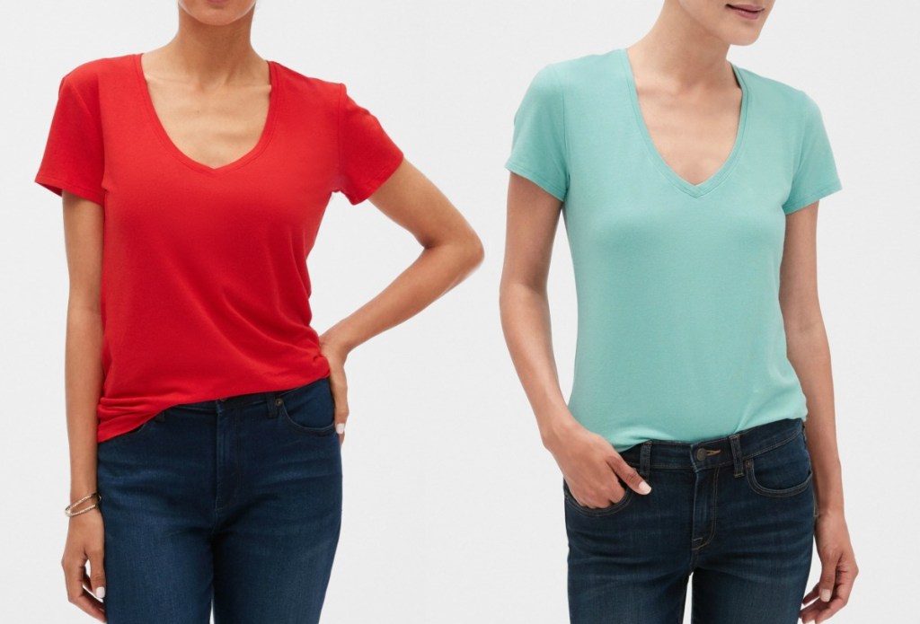 Two women wearing Banana Republic Tees, one in red one in teal