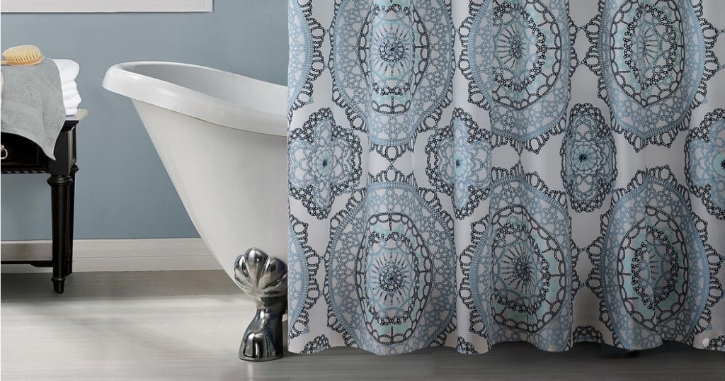 patterned shower curtain in bathroom