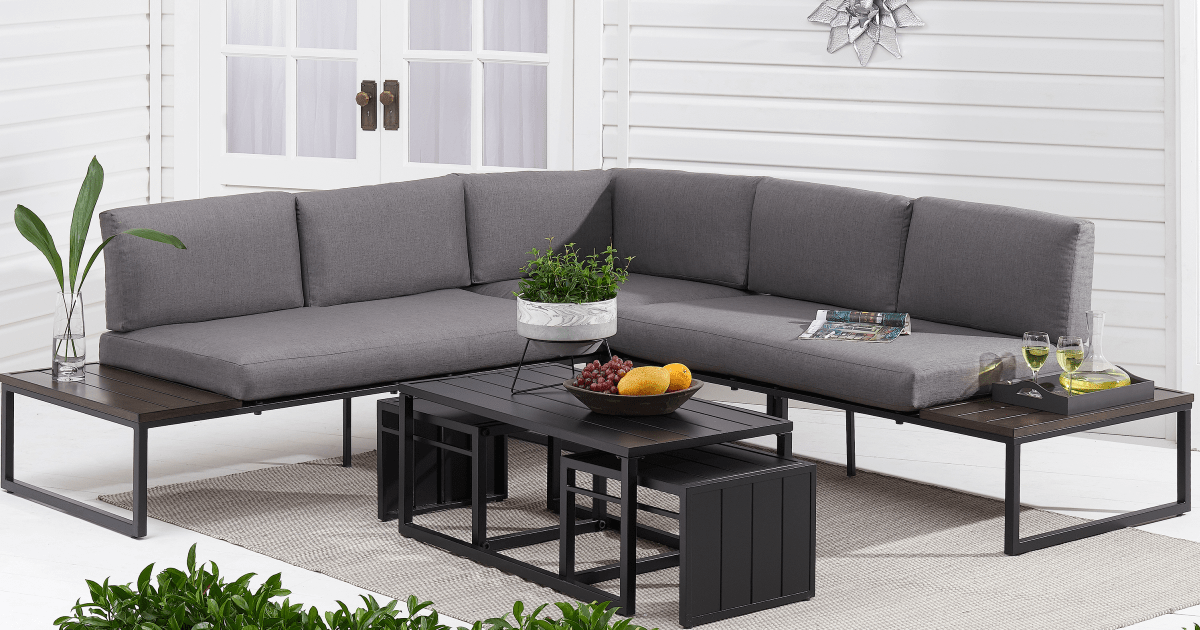 Better Homes & Gardens Kolton 3-Piece Patio Sectional Set with Gray Cushions on patio