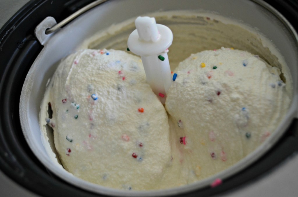 homemade birthday cake ice cream in a Whynter Ice cream maker